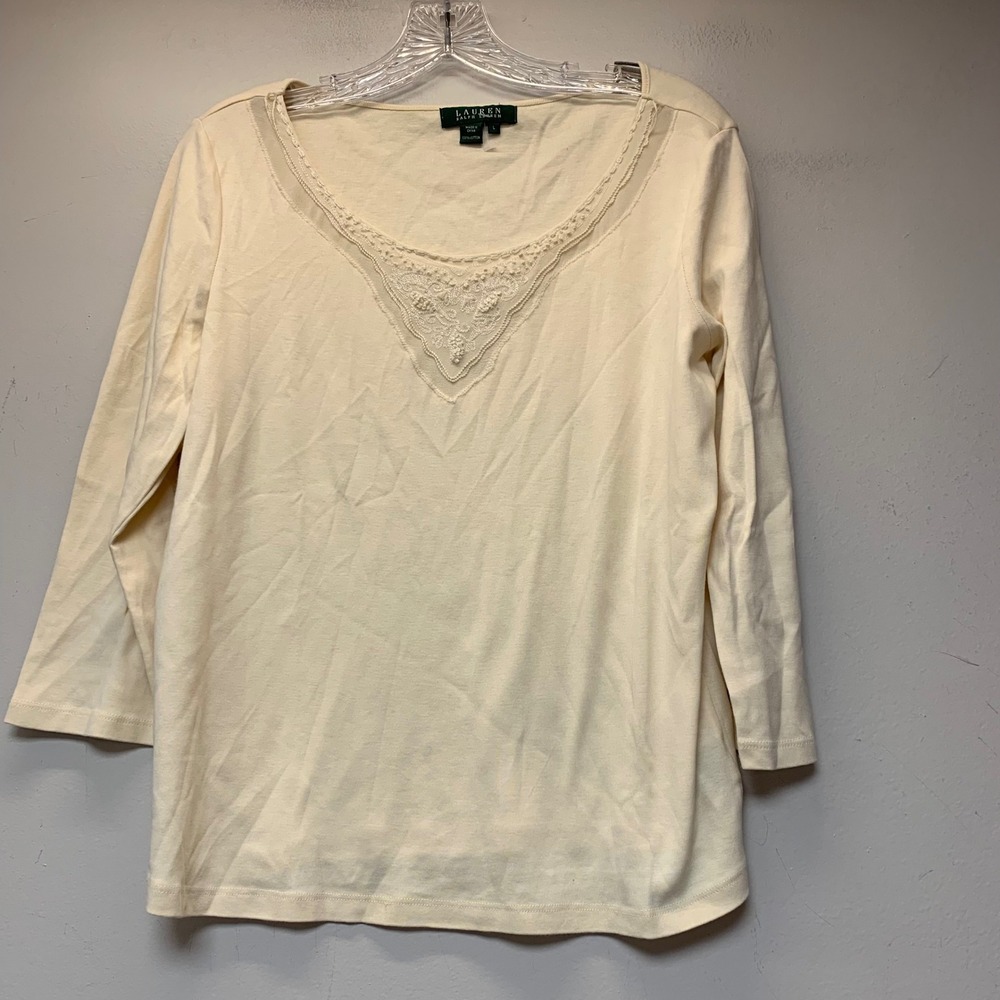 Lauren Ralph Lauren Top Women L Cream Excellent Lace Trim V-Neck 3/4 Sleeve